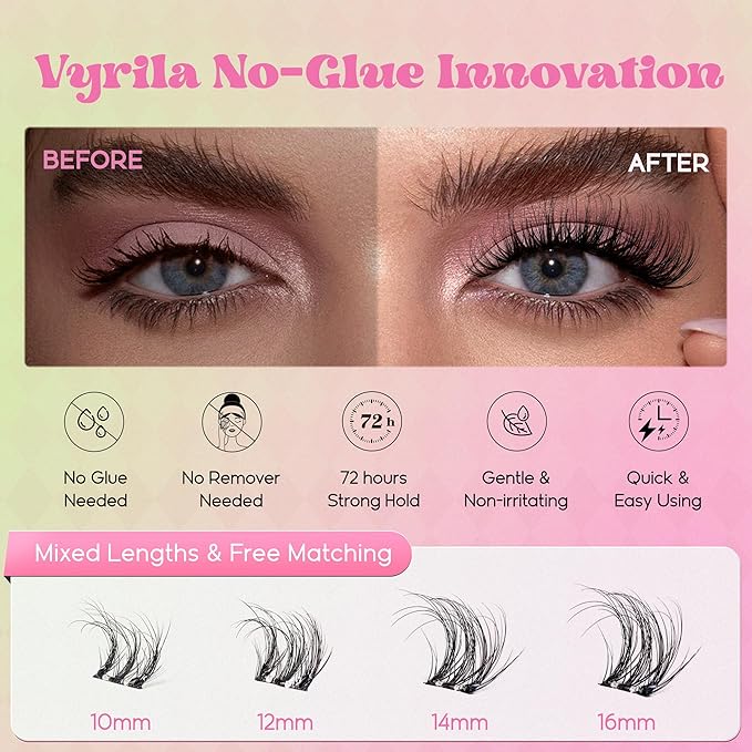 VYRILA Self Adhesive Lash Clusters Kit, D Curl Wispy Pre Glued Lash Extensions with Tweezers, Reusable 0.1mm Ultra Thin Band Natural Eyelashes, Easy Apply Eyelash Clusters for Beginners(PG-ZE12)