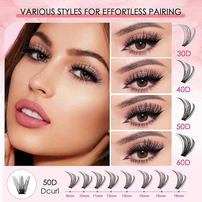 Lash Clusters Kit with Bottom Lashes, Lash Extension Kit With 30D40D50D60D Fluffy Upper Wispy Lash Clusters & 2 Type Bottom Lash Clusters,EyeLash Extension Kit with Black Bond & Clear Glue 2 In 1