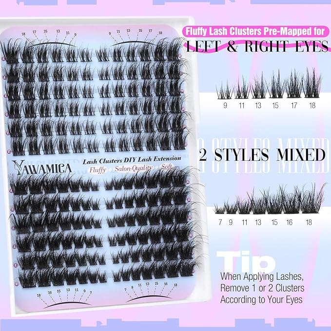 Yawamica Lash Clusters Fluffier Cat Eye Lashes Clusters Wispy Cluster Eyelash Extensions 7-18mm Individual Lashes 2 Styles Cluster Lashes D Curly Eyelash Clusters DIY Lash Extension by Self at Home