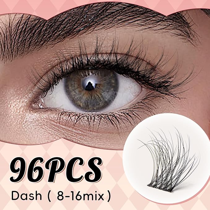 Lash Clusters 0.05mm PBT Fiber Eyelash Clusters, 0.1mm Superfine Invisiband D Curl Diy Lash Extension, 96pcs 8-16mm Individual Like Eyelash Extensions (Dash-D-8-16Mix)