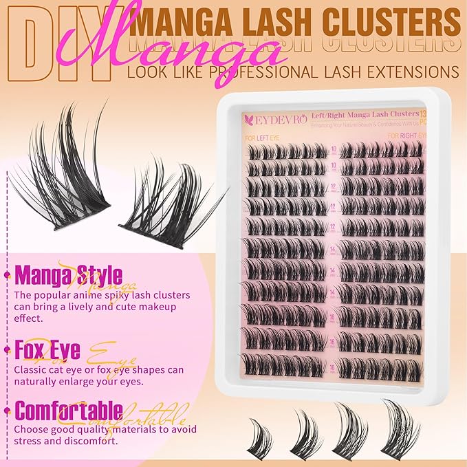 EYDEVRO Manga Lash Clusters Wispy Eyelash Clusters Anime Cluster Eyelash Extensions Natural DIY Lash Extensions Eyelash Extensions Cat Eye Individual Lashes