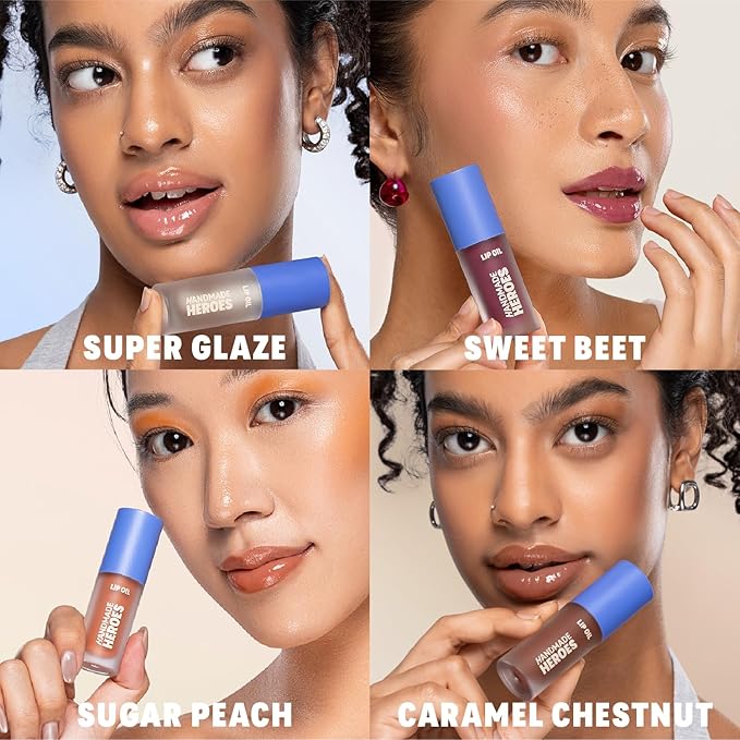 Handmade Heroes 100% Natural Vegan Lip Oil with Squalane Non-Sticky Lip Gloss Moisturizing, Shiny, Nourishing Korean Lip Gloss Lip Treatment - Pack of 3