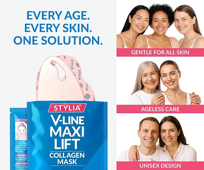 STYLIA MaxiLift V-Line Lifting Collagen Face Mask - Advanced Double Chin Reducer - Jawline Shaper - Neck Firming and Tightening Mask with Hyaluronic Acid & Aloe Vera - Chin Strap for Sleeping (5PC)