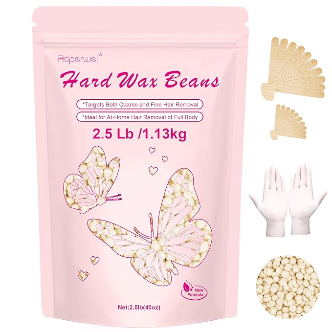 Auperwel Wax Beads 2.5lb,Hard Wax Beads Suitable for Brazilian Bikini & Coarse Hair, Sensitive Skin Hard Wax for Hair Removal (Face/Body/Armpit), Refill Wax Bags for At-Home Waxing