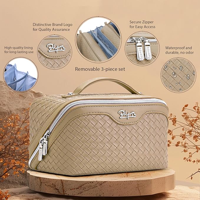 BOYATU Travel Makeup Bag Cosmetic Bags for Women: Large Capacity 3 Pcs Set Make up Bag with Compartments - Waterproof Vegan Leather Toiletry Organizer Bags with Handle (L37 Apricot)