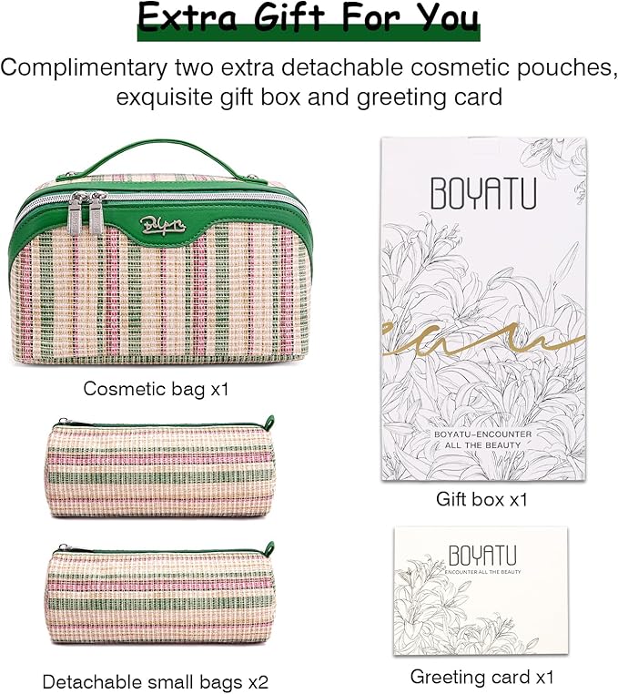 BOYATU Travel Makeup Bag for Women: Large Capacity Open Flat Make up Bag Set of 3 - Vegan Leather Cosmetic Bag with Compartments - Waterproof Toiletry Bag with Handle & Divider(I-3-Green)
