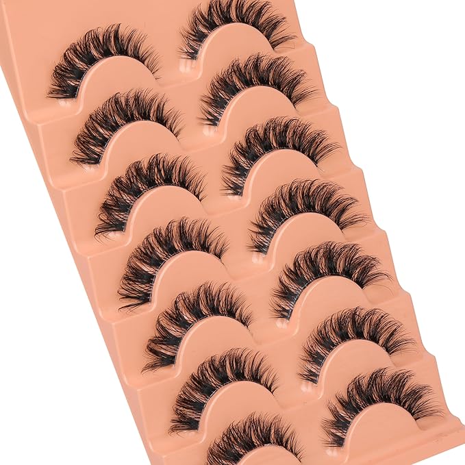 JIMIRE Cat Eye False Eyelashes Volume Mink Lashes Fluffy D Curl Russian Strip Lashes Natural Look 15MM Soft Cat Eye Fake Lashes with Clear Band Lash Extensions 7 Pairs Pack