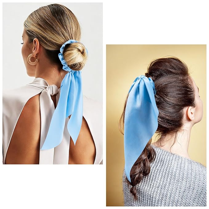 YALOJE 3PCS Scarf Scrunchies with Long Tails, Elastic Silky Satin Bow Hair Ties for Women, Ribbon Hair Scarf Scrunchy, Ponytail Holders Hair Decoration for Women -Pink, Blue, Purple
