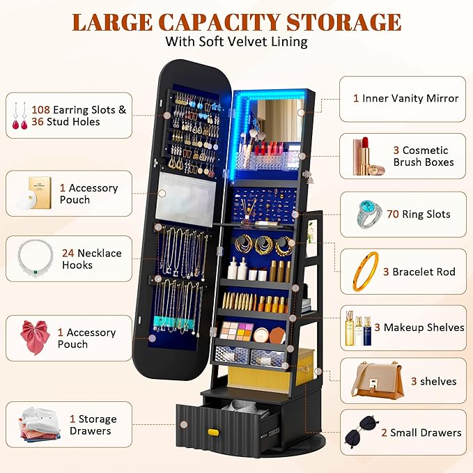 Full Length Mirror with Storage, 61" Mirror Jewelry Cabinet Standing, Rotating Jewelry Mirror Organizer Full Length, Lockable Jewelry Armoires with Velvet Lining for Women Gift