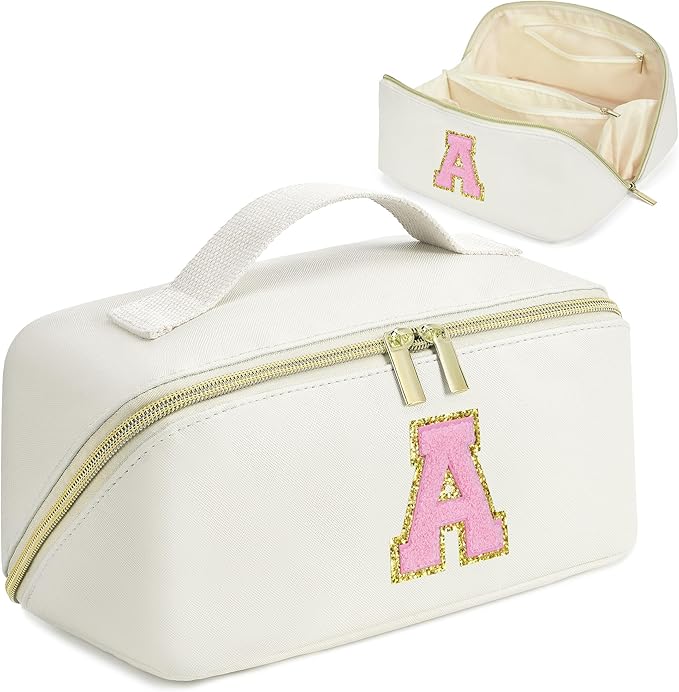 for Valentines Day Gifts, Makeup Bag for Women, PU Leather Travel Toiletry Bags, Initial Make Up Cosmetic Pouch for Teen Girls, Wide Open Portable Skincare Bag, Personalized Birthday Gifts, White A