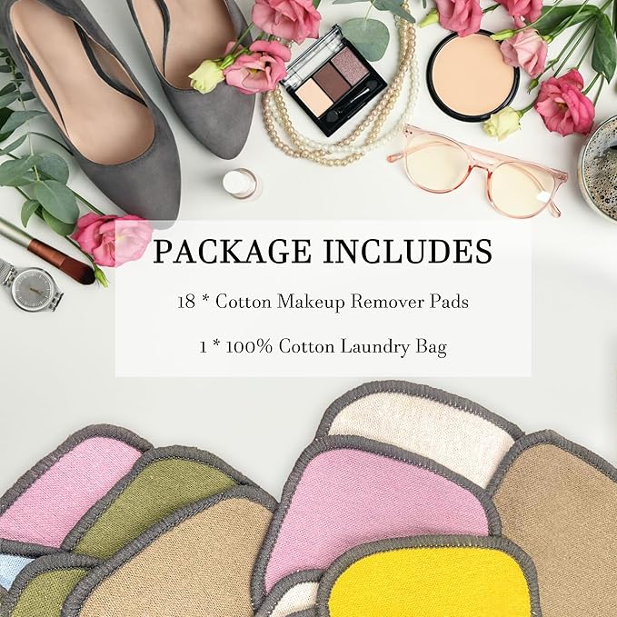 Bsofter 18 Pack Reusable Makeup Remover Pads - 6 Colors Washable Reusable Cotton Pads with Cotton Bag,Washable Cotton Rounds Double Sides Gentle for All Skin Types