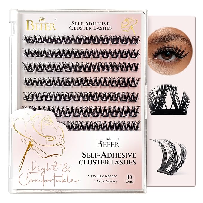 BEFER Self Adhesive Eyelashes Clusters, D Curl 10-16MM Pre Glued Lash Natural Look No Glue No Remover Needed Reusable Lashes Press on Eyelash Clusters Easy for Use DIY at Home(TYB102,Velvet)