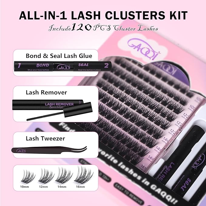 GAQQI Lash Clusters Kit, DIY Lash Extension Kit 120PCS Cluster Lashes C Curl, Wispy Eyelash Clusters 10-16MM with Lash Bond and Seal,Lash Remover and Lash Applicator (GQ19-KIT)
