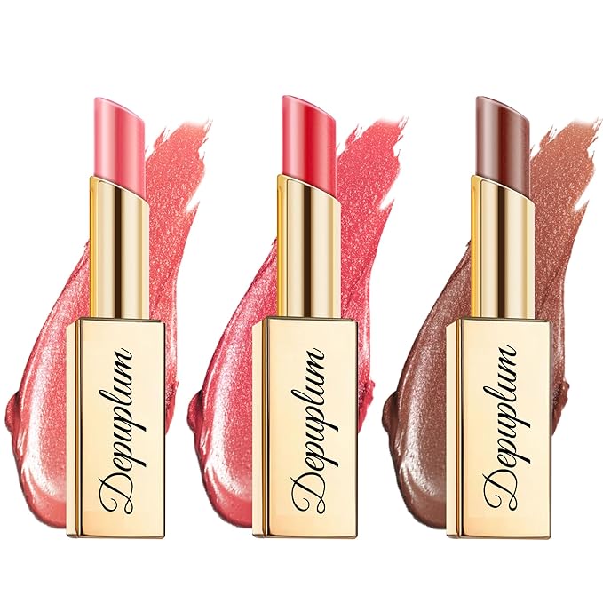 Depuplum Pink Red Brown Lipstick Set for Women Shimmer Tinted Lip Balm Hydrating Moisturizing Lipstick Cruelty Free Lip Makeup, ZG107/108/117
