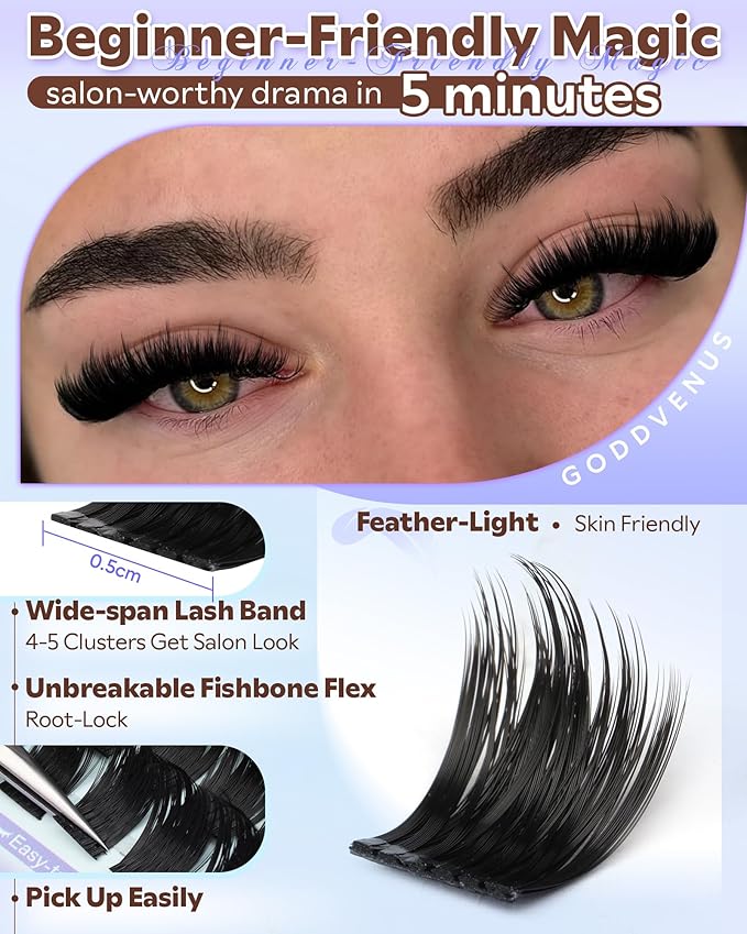 Goddvenus Salon-Like Lash Clusters Kit With Spikes DIY Eyelash Clusters D Curve Spiky Full Cluster Eyelash Extensions Kit Individual Lashes Cluster Kit (10-16mm 130Pcs)