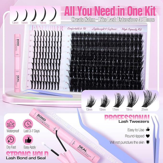 Fluffy Lash Clusters Kit 200D Volume Eyelash Clusters with Spikes 300Pcs DIY Lash Extension Kit Manga Cluster Eyelash Extensions Wispy Cluster Lashes Fairy Eyelash Extension Kit