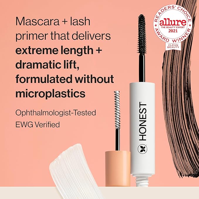 Honest Beauty 2-in-1 Extreme Length Clean Mascara, Lash Primer, Lengthening, Volumizing, Cruelty-Free, Safe for Sensitive Eyes, Black, .27 fl oz