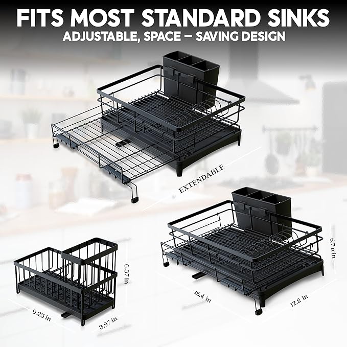 2 IN 1 Expandable Dish Drying Rack plus Sponge Organizer, Stainless Steel Drying Rack with Drainer Plate, Kitchen Countertop Organizer Space Saving Utensil Holder, Scratch Resistant and Rust-Proof