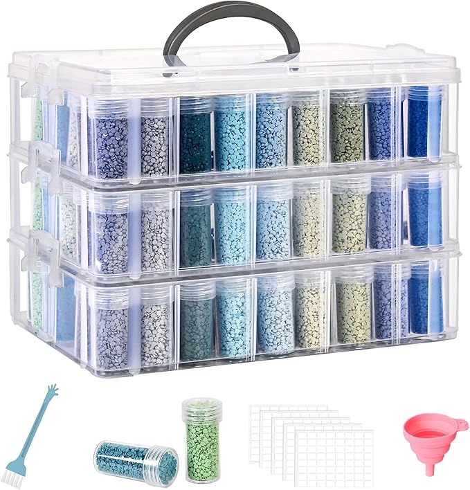 MERATIA Diamond Painting Storage Container, 3-Tier Bead Organizer Box with 150 Slots, Stackable Crafts Organizers for DIY Diamond Art Craft Jewelry Bead Storage