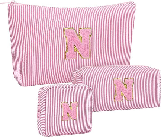 Initial Makeup Bag Cosmetic Case Bridal Shower Gifts - Bridesmaid Bag,Bridesmaid Proposal Gifts for Wedding Day,Maid Matron of Honor Gift, Bride to be Gifts,Bachelorette Party Favors,3PCS,Pink N