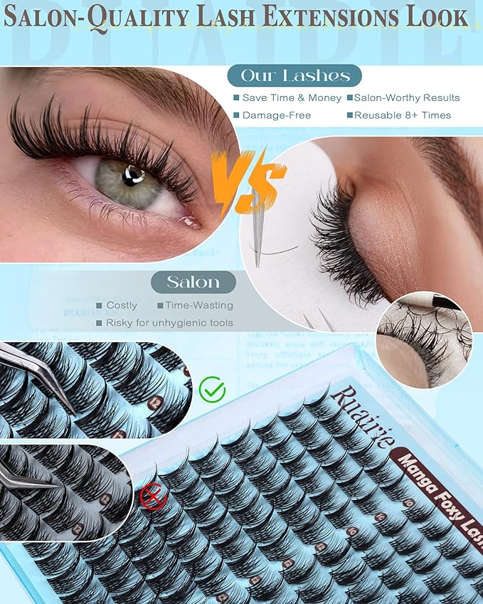 Manga Lash Clusters Natural 10-14mm Eyelash Clusters Wispy Cluster Eyelash Extensions Spiky Lashes Clusters Anime Eyelashes Clusters Fox Eye Cluster Lashes C-Curly DIY Lash Extension by Ruairie