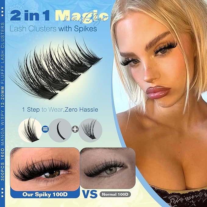 Lash Clusters Kit Manga Eyelash Clusters 300Pcs Wispy Lash Extension Kit with Bond and Seal Lash Glue 12-20MM D Curly Natural Lashes Clusters with Spikes by JIMIRE
