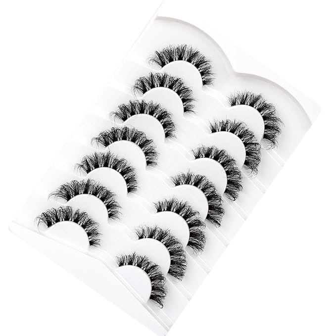 Pooplunch Fake Eyelashes Faux Mink Lashes Strips Cat Eye Wispy Volume Lashes D-Curly Clear-Band Natural 8D Extensions Wispies Short False Eyelash 7 Pairs Pack