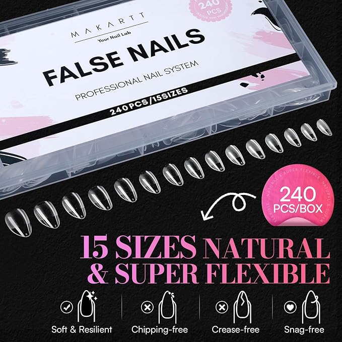 Makartt Short Almond Nail Tips: 504PCS, 15 Sizes, Pre Etched, Clear Artificial Fake Nails Almond Shapes - Full Cover Soft Acrylic Press On Nail Extensions Supplies Salon and DIY at Home