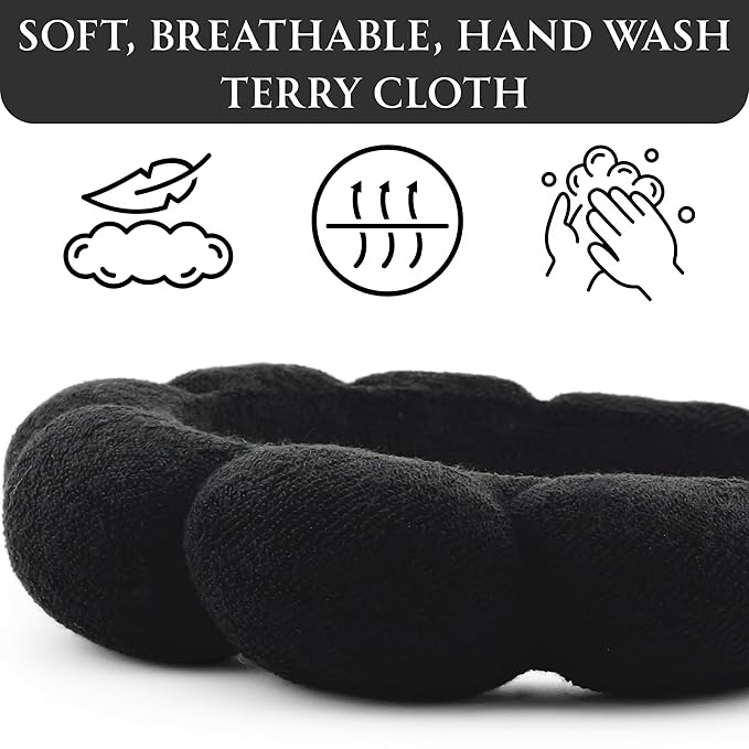 2 ORCHIDS Terry Cloth Skincare Headband for Washing Face - Makeup Headband for Women, Spa Hairband, Bubble Band, Face Wash Accessory, Getting Ready for Skincare Routine (Black)