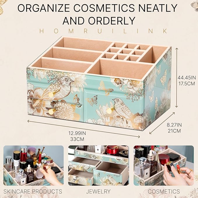 Glass Makeup Organizer for Vanity - Vanity Case with Drawers & Velvet Lining, Countertop Organizer for Lipstick, Brushes, Skincare, Perfume - Christmas Gifts for Women