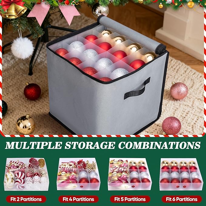 BALEINE Christmas Ornament Storage Box with Dividers, Premium Holiday Ornaments Storage Container Bin for Xmas Decorations (64 Ball, Green, Soft)