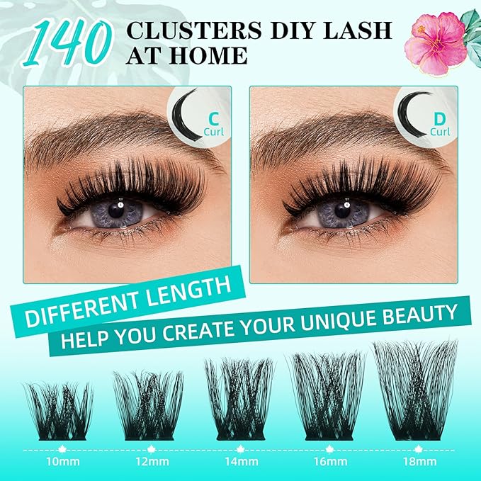 Lash Clusters Wet Look 140Pcs Fluffy Eyelash Cluster Ultra-Thin Lash Band Eyelashes Extensions Spiky Anime Wide Span Lashes(Sunflower,C-Mix10-18mm)