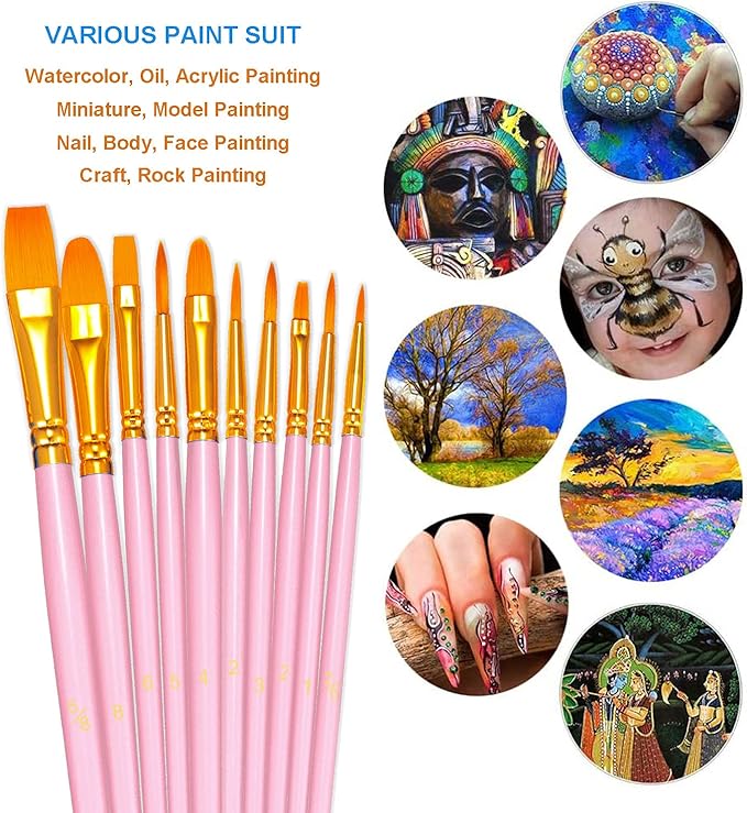 BOSOBO Paint Brushes Set, 4 Pack 40 Pcs Round Pointed Tip Paintbrushes Nylon Hair Artist Acrylic Paint Brushes for Acrylic Oil Watercolor, Face Nail Art, Miniature Detailing & Rock Painting, Pink