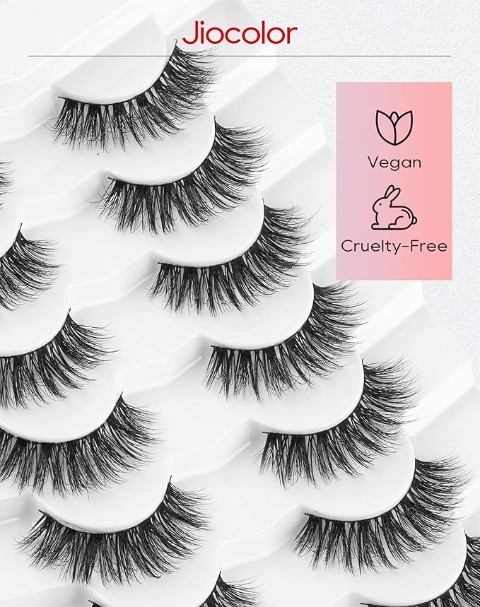 Jiocolor Natural Looking Short False Eyelashes Wispy Lashes Natural Look 14mm 3D Faux Mink Lashes 7 Pairs Fluffy Fake Eyelashes Pack 14MM