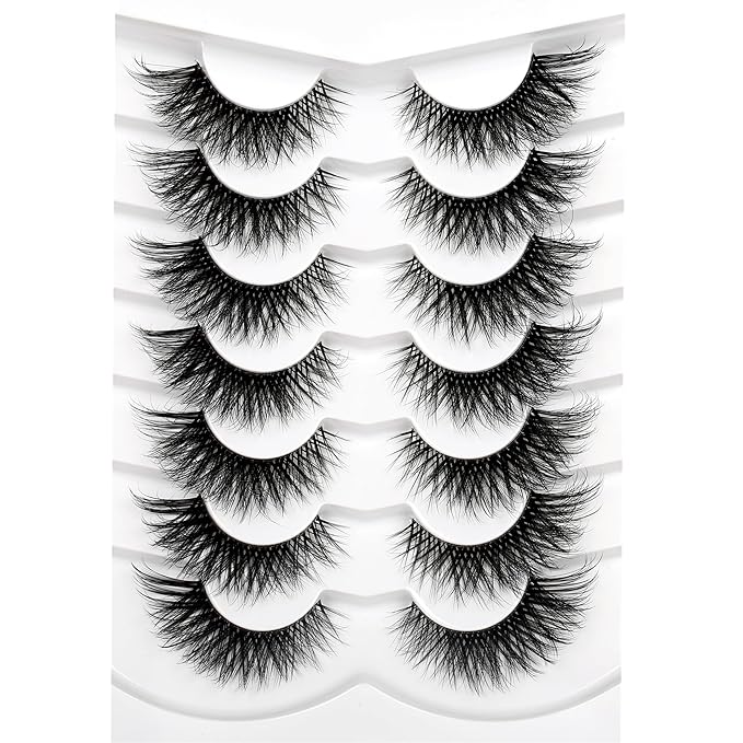 Pooplunch False Eyelashes Cat Eye Look Clear Band Wispy Volume Dramatic Long 8D Faux Mink Lashes Fake Eyelash Strips 7 Pairs Pack