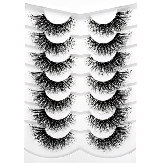 Pooplunch False Eyelashes Cat Eye Look Clear Band Wispy Volume Dramatic Long 8D Faux Mink Lashes Fake Eyelash Strips 7 Pairs Pack