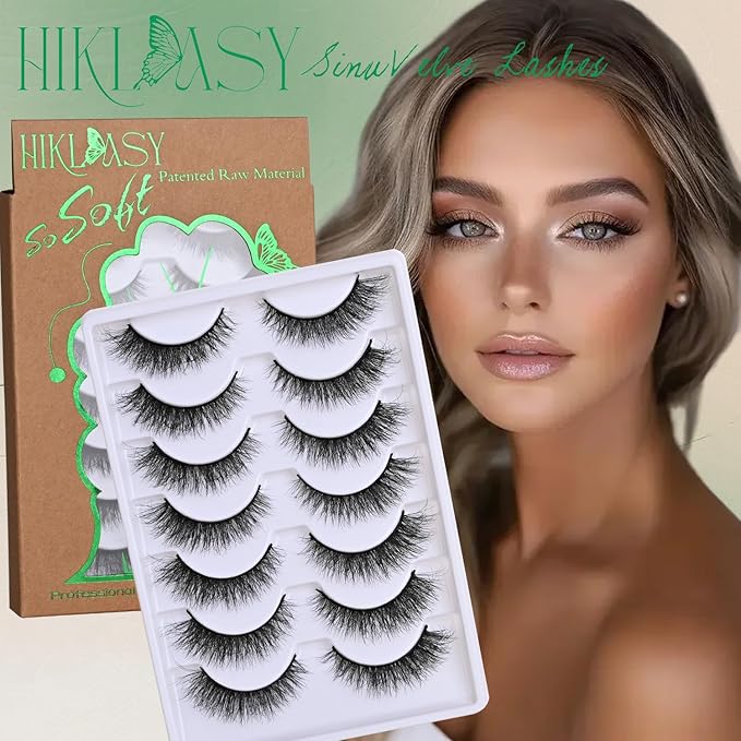 SinuVelve Strip Fake Lashes Pack 7 Pairs Natural Look Flexible Cotton Band Wispy Mink Lashes Wispy False Eyelashes13mm Natural Look D Curl Soft Lash Strips,Cat Eye Lashes Reusable 25 Times By Hiklasy