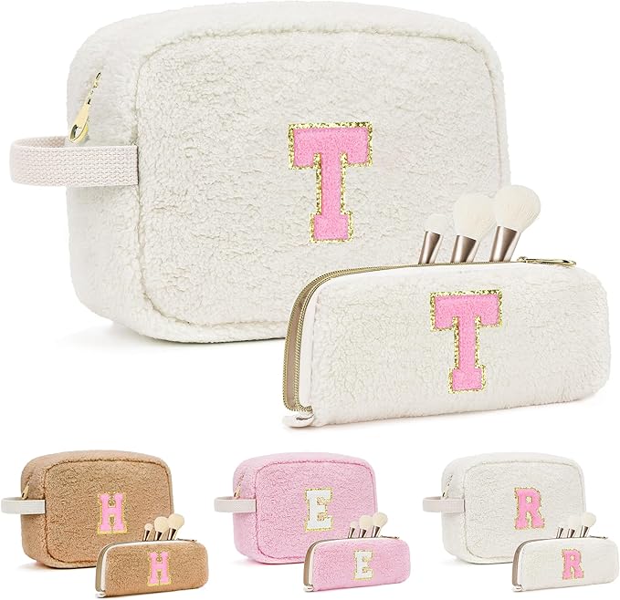 for Valentines Day Gifts, Travel Makeup Bag for Women, Initial Make Up Bag Set for 6 7 8 9 10 11 12 13 Years Old Kids Tween Girls, Large Cosmetic Skincare Bags for Birthday Gifts, White T