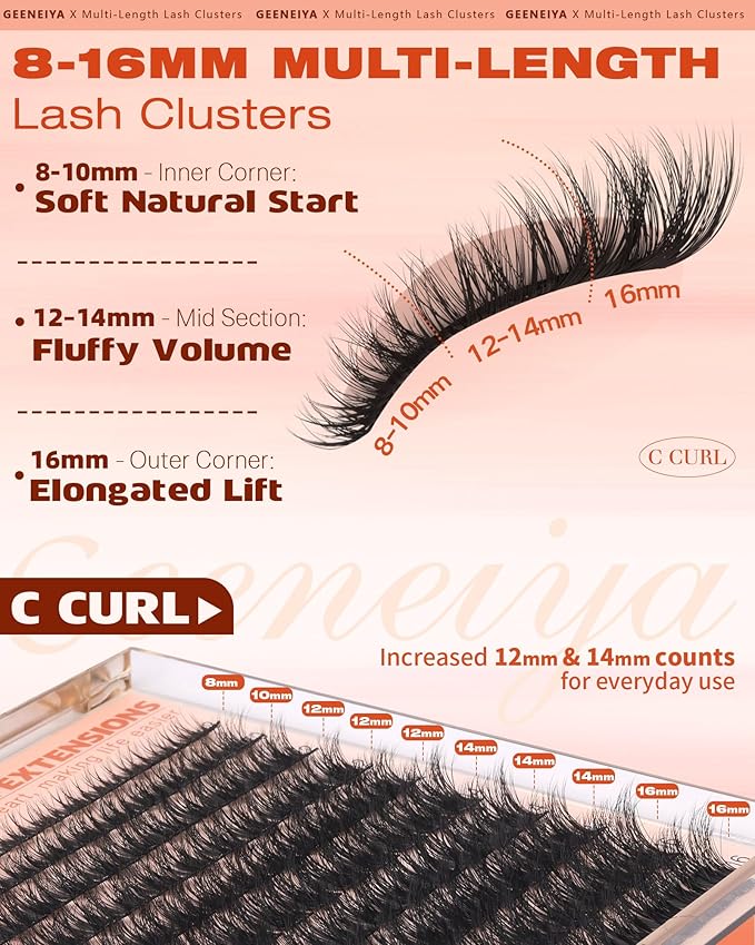 Geeneiya Fluffy Lash Clusters 8-16mm, Natural 3D Fluffy Effect Eyelash Clusters, C Curl DIY Cluster Eyelash Extensions for Salon-Like Lashes at Home