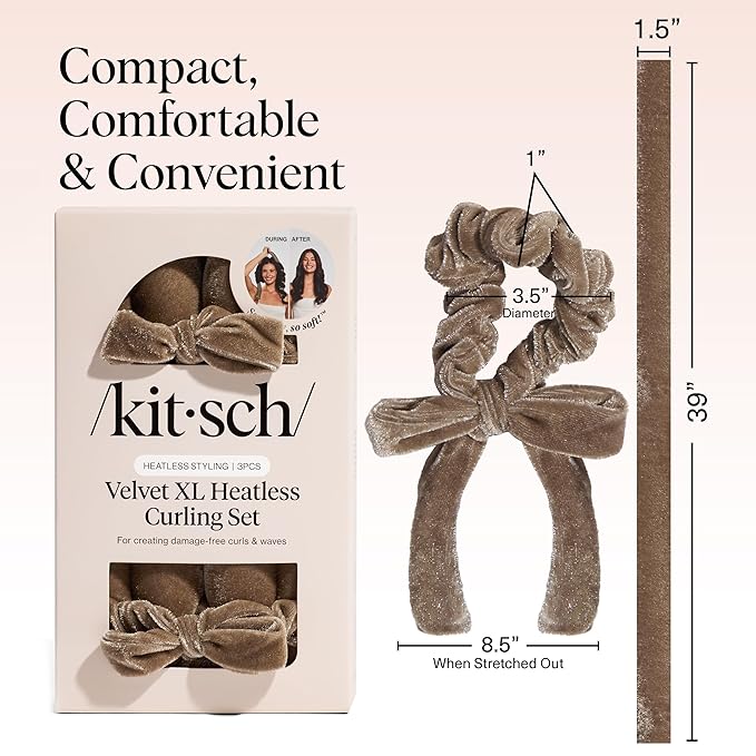 Kitsch Velvet XL Heatless Curling Set - Hair Curler for Heatless Curls Overnight - Flexi Rod & Hair Curlers to Sleep In, No Heat Damage Styling - With Two Velvet Bow Scrunchies - Eucalyptus