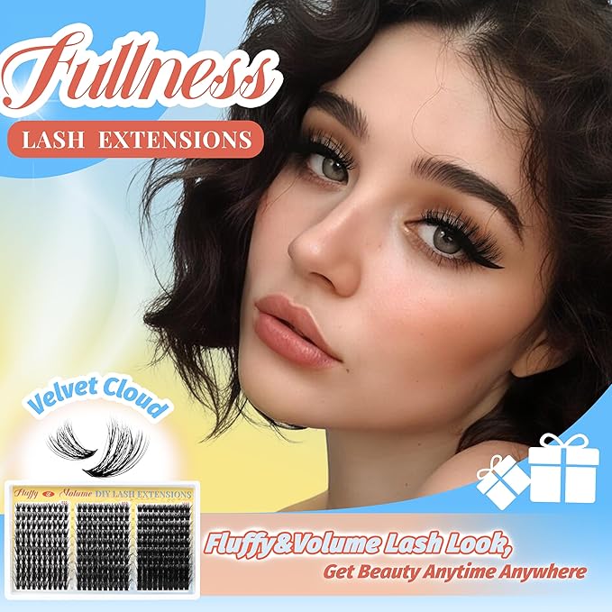 Fyonas Fluffy Lash Clusters 60D+80D+100D Volume Cluster Eyelash Extensions 300Pcs D Curl Thick Eyelash Clusters DIY Individual Lashes 10-18mm Wispy Cluster Eyelashes (Velvet Cloud)