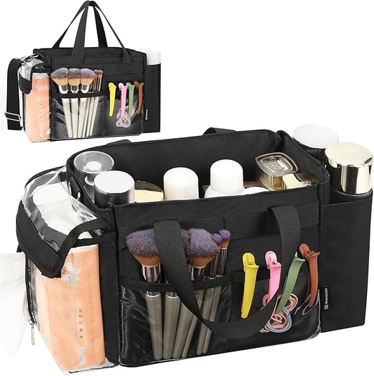 TANTO Small Makeup Bag, Professional Makeup Artist Bag Travel Cosmetic Bag Makeup Kit Bags with Adjustable Dividers Multi Pocket Cosmetic Storage Organizer for Beauty Pros (Black)