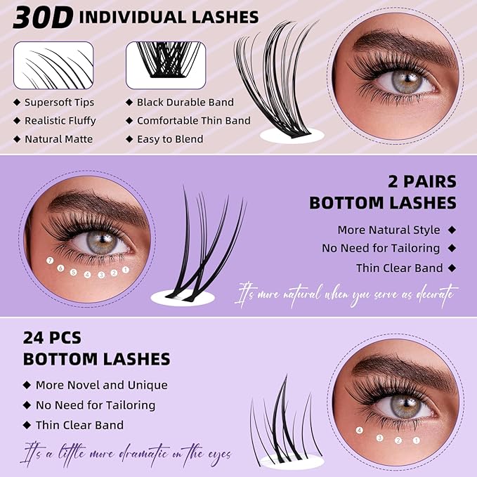 B&Qaugen Eyelash Extension Kit with Bottom Lash Extension 10-18mm 30D D Curl Lash Clusters Kit with Bottom Lashes DIY Lash Extension Kit Bond and Seal Lash Applicator (Kit-30D-D-MIX10-18)