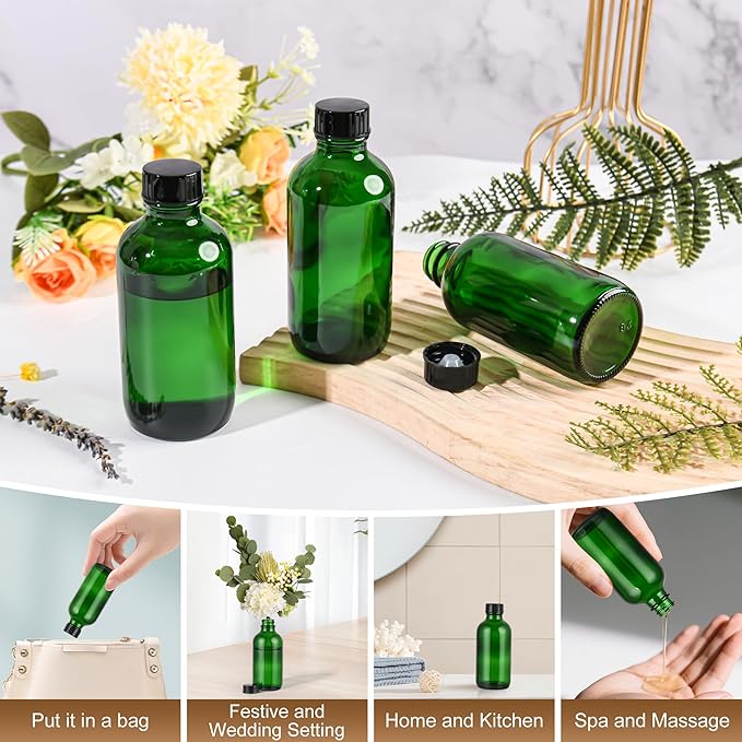 Exlvanto Small Glass Bottles with Lids Boston Round Shot Bottles for Health, Immunity, Ginger Juice, Essential Oils, Potion - Leak Proof Mini Travel Containers (Green UV, 4oz-12Pack)