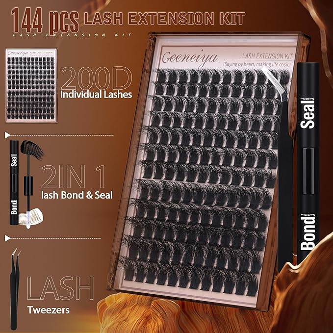 Geeneiya 200D Full Lash Clusters Kit Thick Lash Extension Kit 10-18mm Wispy Cluster Eyelash Extensions Individual Eyelashes Kit with Lash Bond and Seal DIY Lashes Applicator for Beginners
