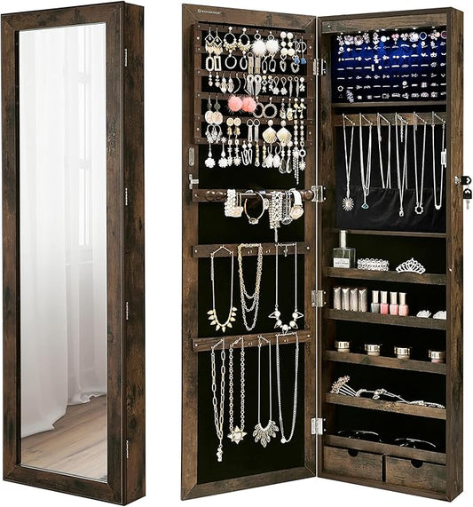 SONGMICS 6 LEDs Mirror Jewelry Cabinet, 47.2-Inch Tall Lockable Wall or Door Mounted Jewelry Armoire Organizer with Mirror, 2 Drawers, 3.9 x 14.6 x 47.2 Inches, Rustic Brown UJJC93CB
