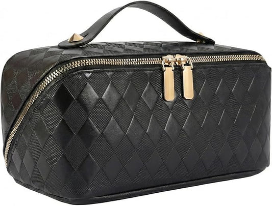Large Capacity Travel Cosmetic Bag - Portable Makeup Bags for Women Waterproof PU Leather Checkered Makeup Organizer Bag with Dividers and Handle,Toiletry Bag for Cosmetics