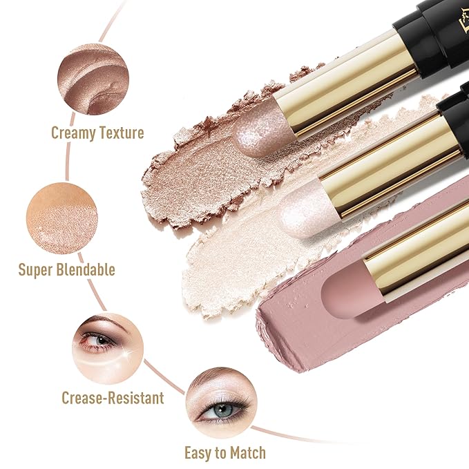 FV Waterproof Eyeshadow Stick Duo,Long-Lasting Cream Eye Shadow Makeup Sets, High Pigmented Eyeshadow Pencil with Matte & Shimmer Finish, Natural Look (Rose & Champagne)