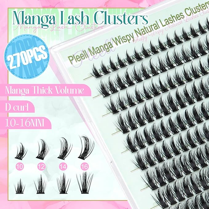 Manga Lash Clusters Anime Spiky Eyelash Clusters 270Pcs Individual Lashes 10-16MM Cluster Eyelash Extensions D Curve DIY Eyelashes Clusters Comfortable Soft Lash Extension by Pleell