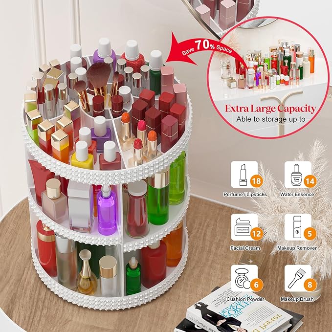 Awenia Makeup Organizer 360-Degree Rotating, Adjustable Makeup Storage, 7 Layers Large Capacity Cosmetic Storage Unit, Fits Different Types of Cosmetics and Accessories, Plus Size(White)